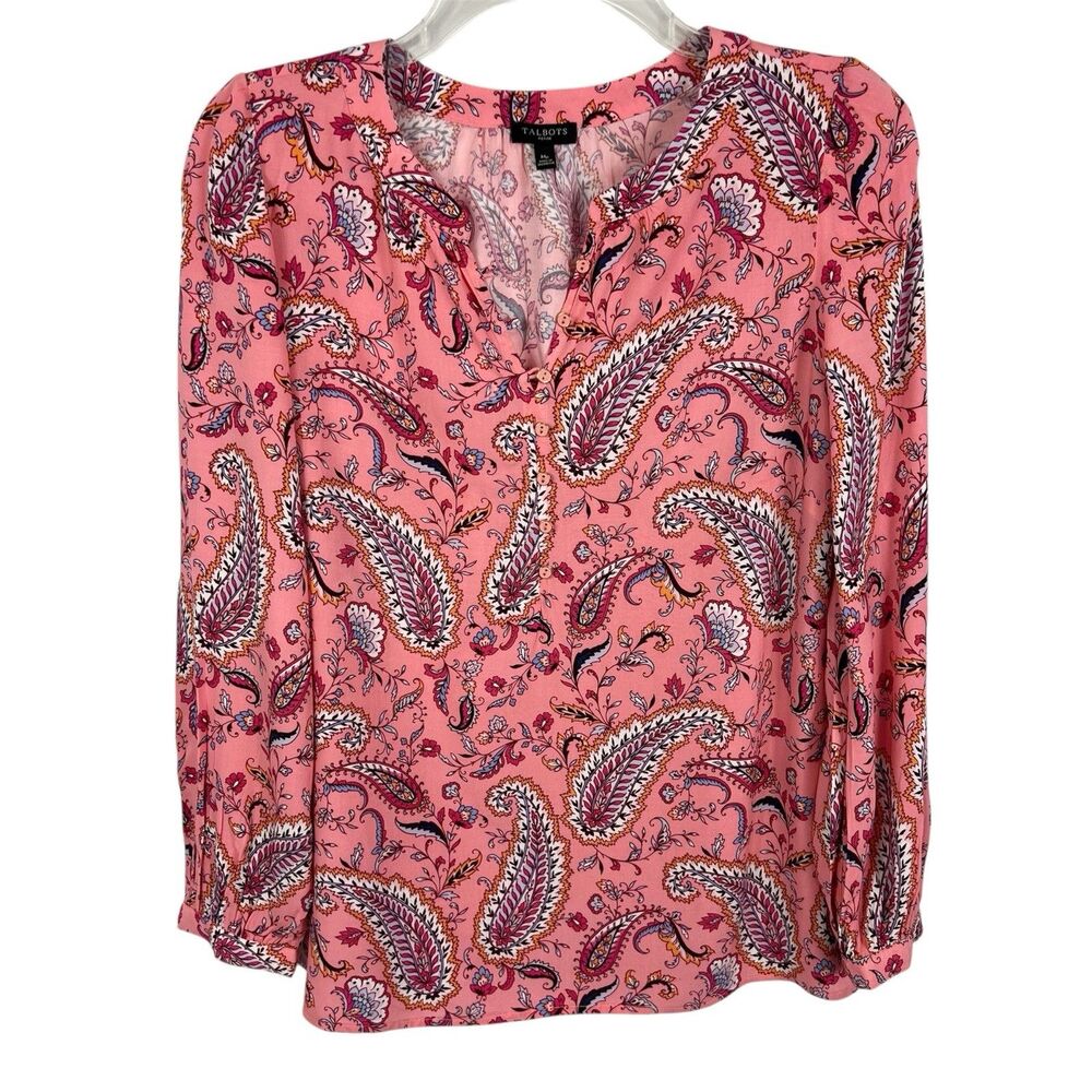 Talbots Pink Floral Paisley V-Neck Rayon Long Sleeve Top Petite Medium
